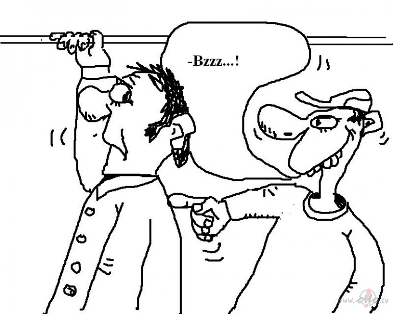 St�v tramvaj� vecis, Tam aiz muguras �alis. �alis ar pirkstu iebaksta ...